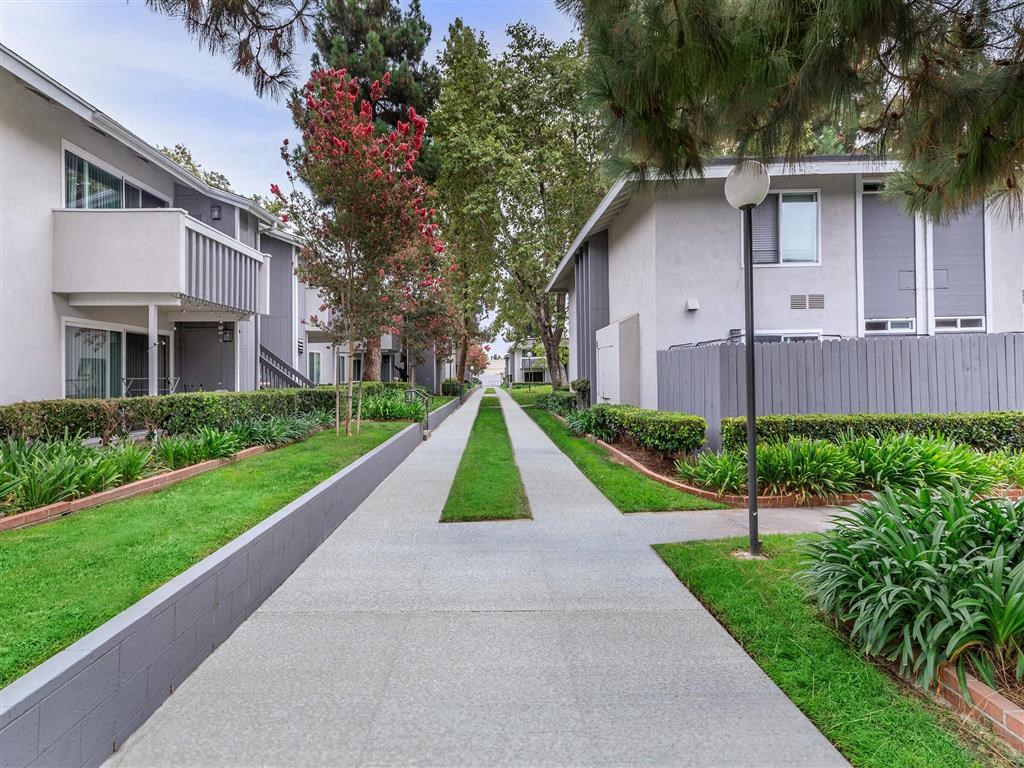 a sidewalk between two apartment buildings with grass and trees
