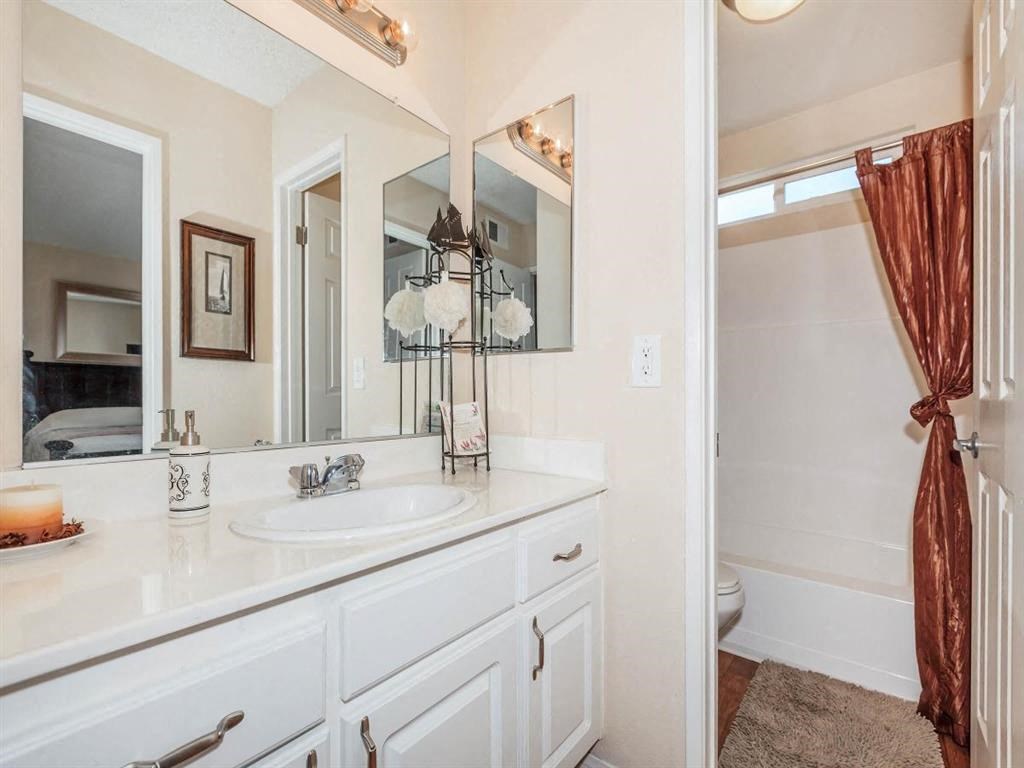 a bathroom with a sink and a shower and a mirror