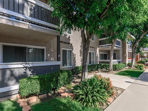a sidewalk in front of an apartment building with trees and plants