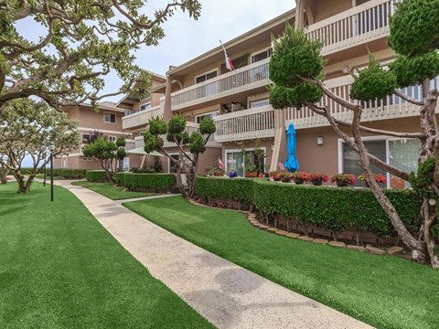 A grassy area in front of apartment buildings.