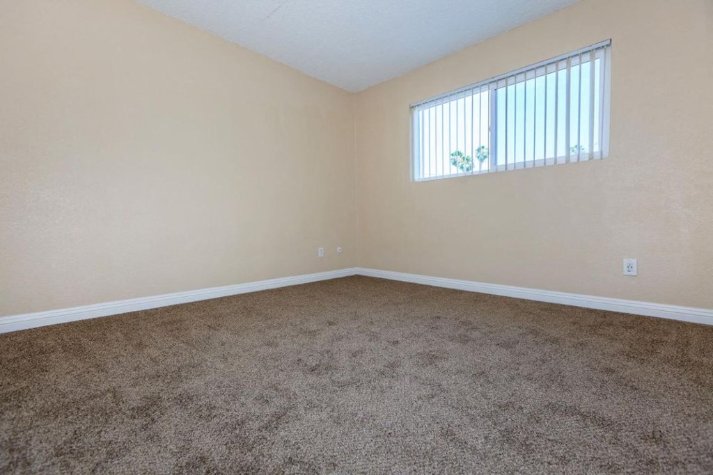 an empty living room with carpet and a window