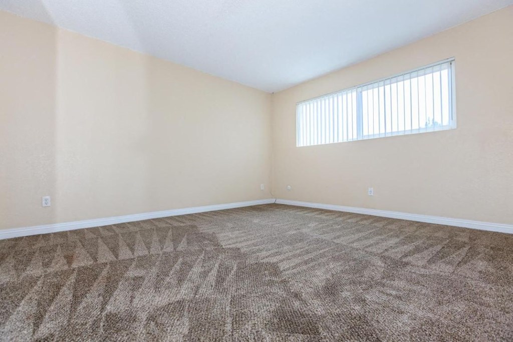 an empty living room with carpet and a window