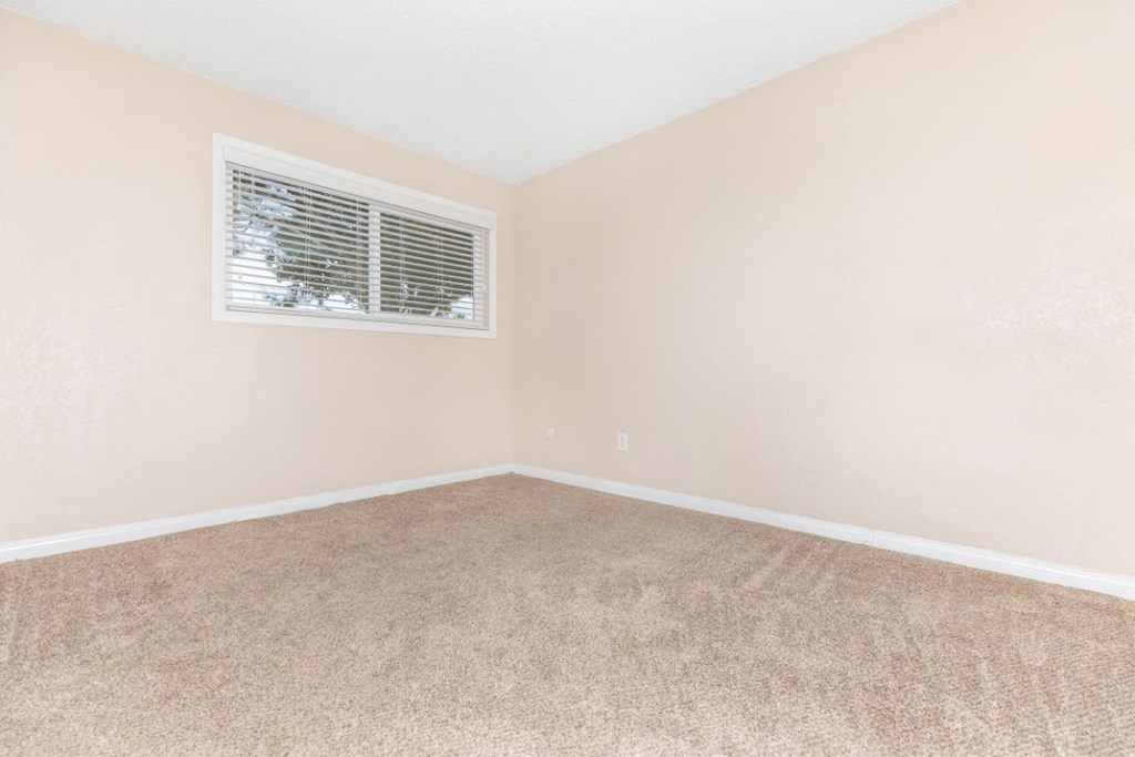 an empty room with a window and carpet