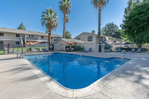 a swimming pool with palm trees and apartments in the background