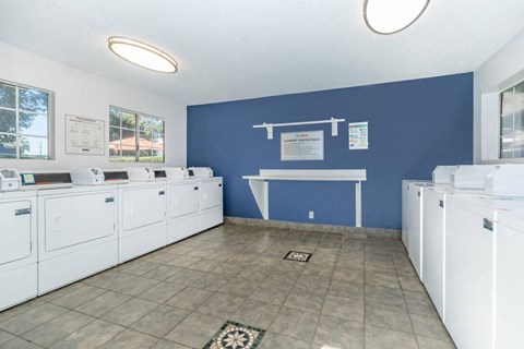 a laundry room with white machines and a blue wall