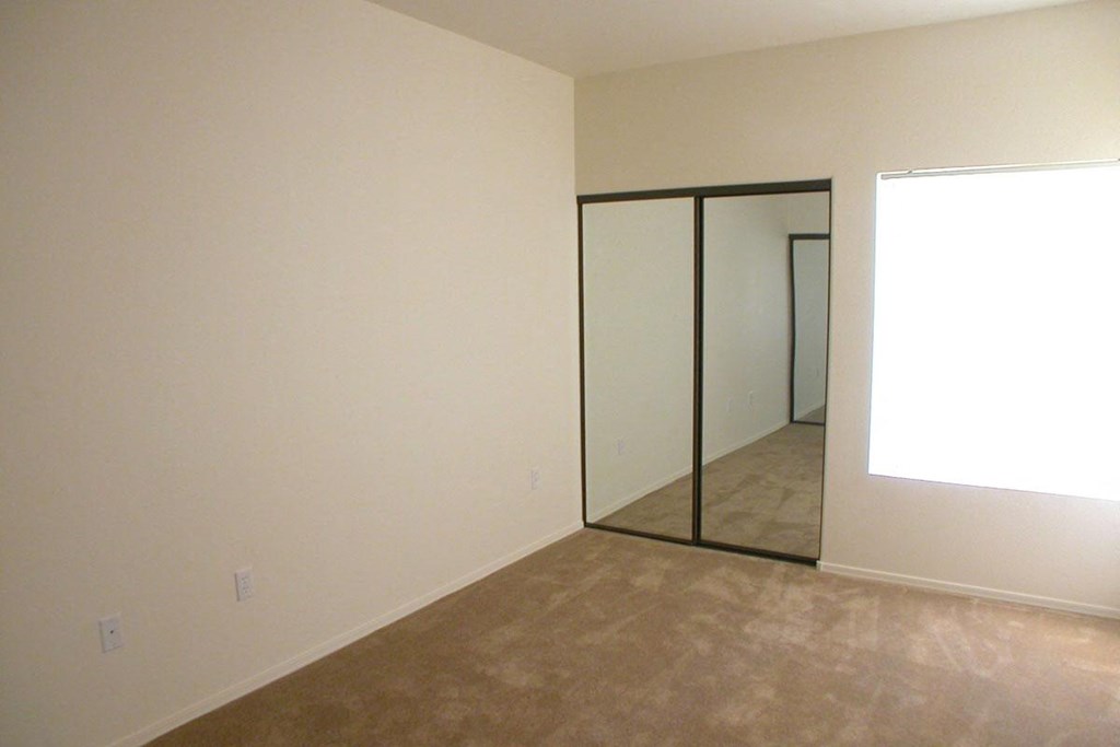 a room with a carpet and a mirror in it