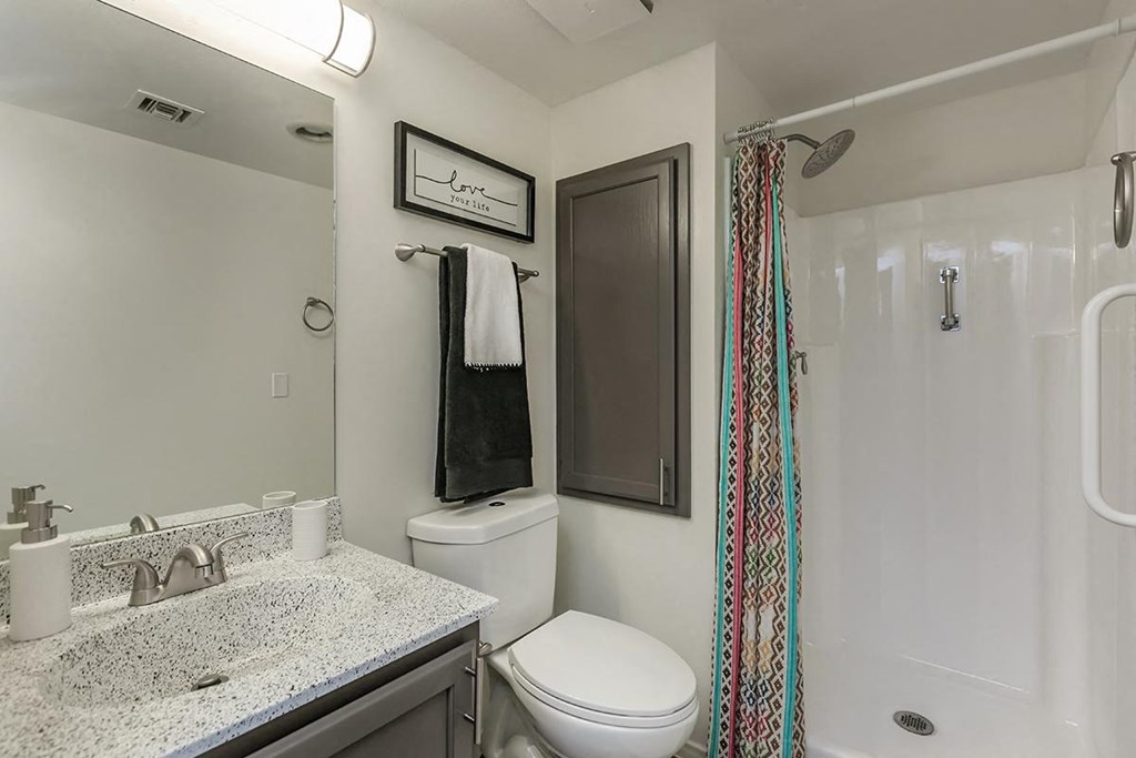 a bathroom with a toilet and a sink and a shower