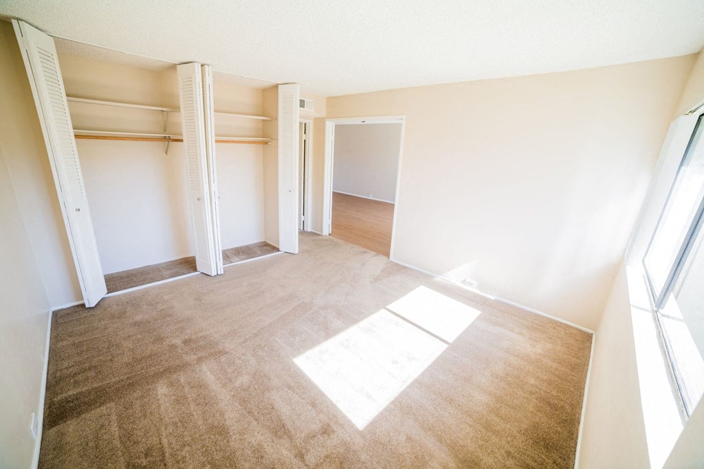 an empty room with a carpeted floor and a closet