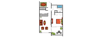 a floor plan of a small house with a living room and a patio