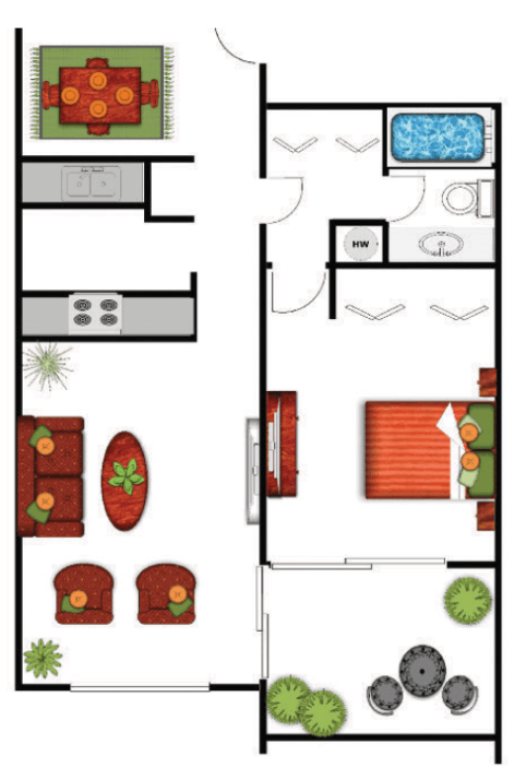 a floor plan of a small house with a living room and a patio