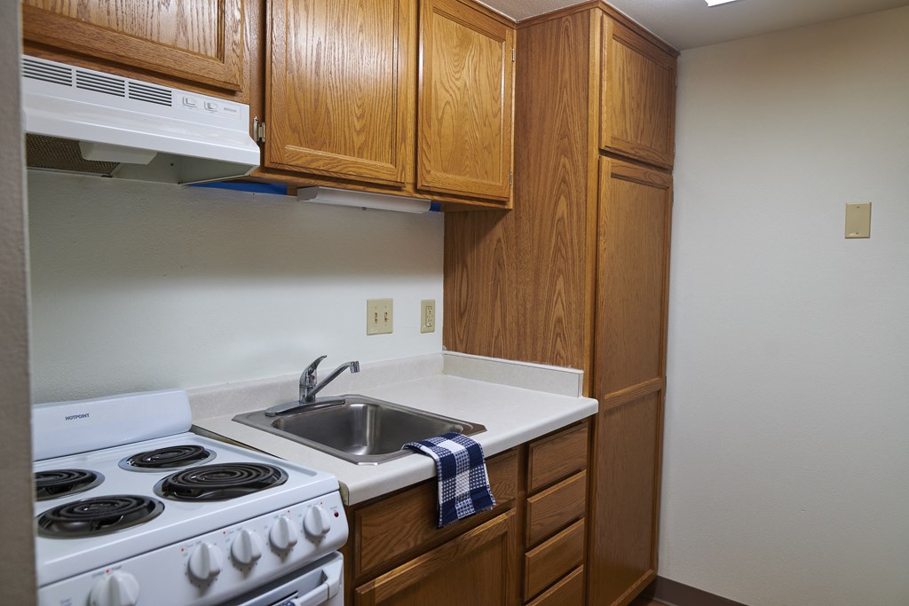 a kitchen with a stove and sink and wooden cabinets