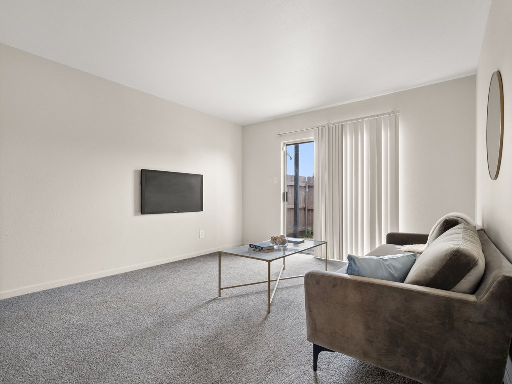 a living room with a couch and a television on the wall