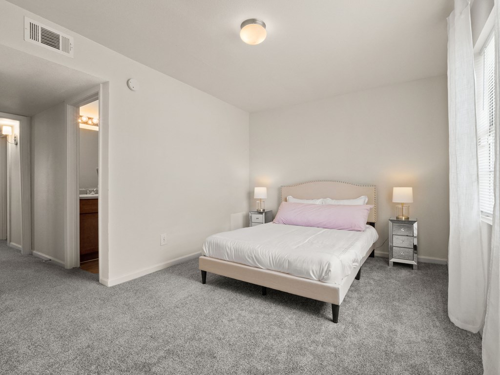 a bedroom with a bed and a closet and a bathroom