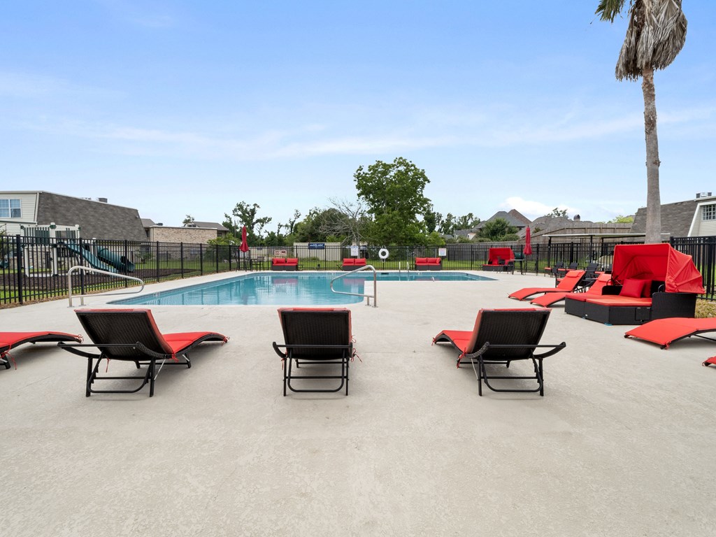 our apartments have a resort style pool with lounge chairs