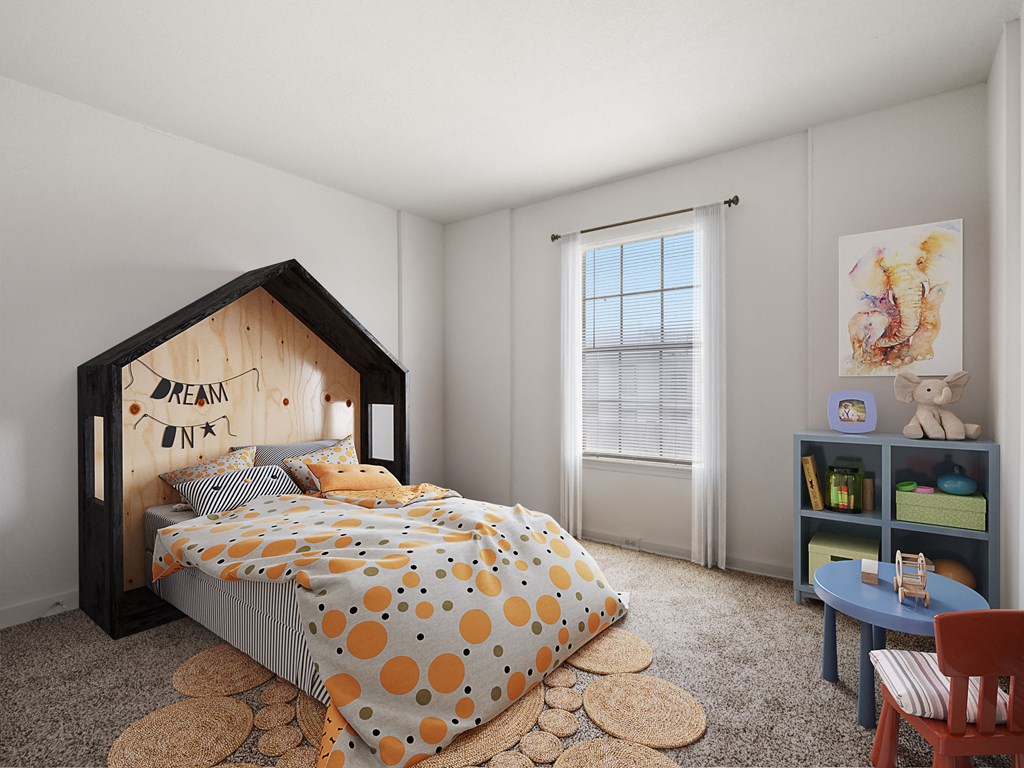 a bedroom with a bed in the shape of a house