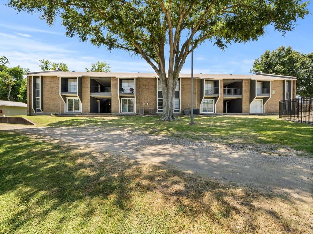 an apartment building with a large tree in front of it