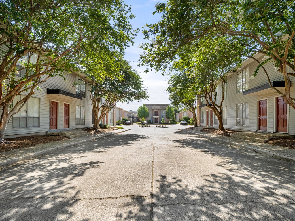 an empty street with houses on both sides and trees