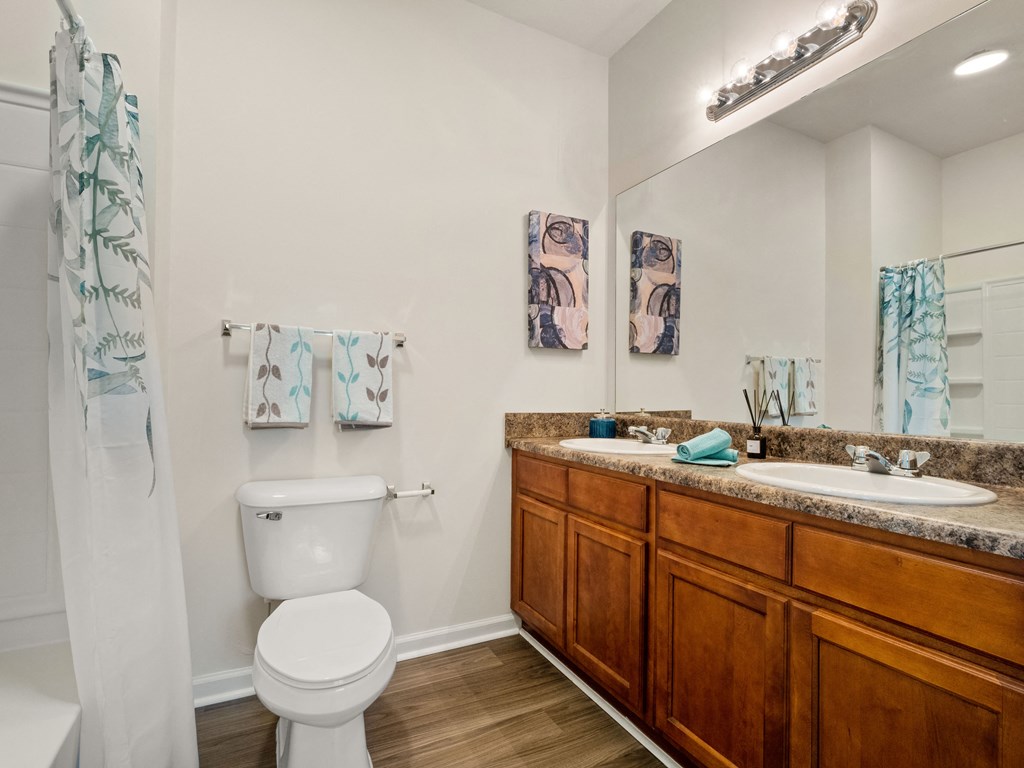 a bathroom with a toilet sink and mirror and a shower