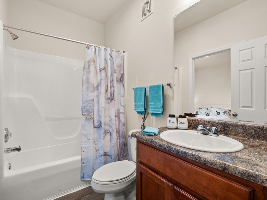 a bathroom with a shower sink and toilet and a mirror