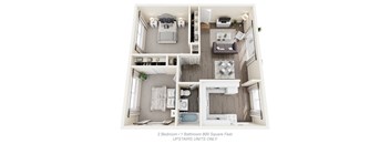 Monterey Manor 3D diagram of the 2 bed 1 bath apartment with 800 square feet