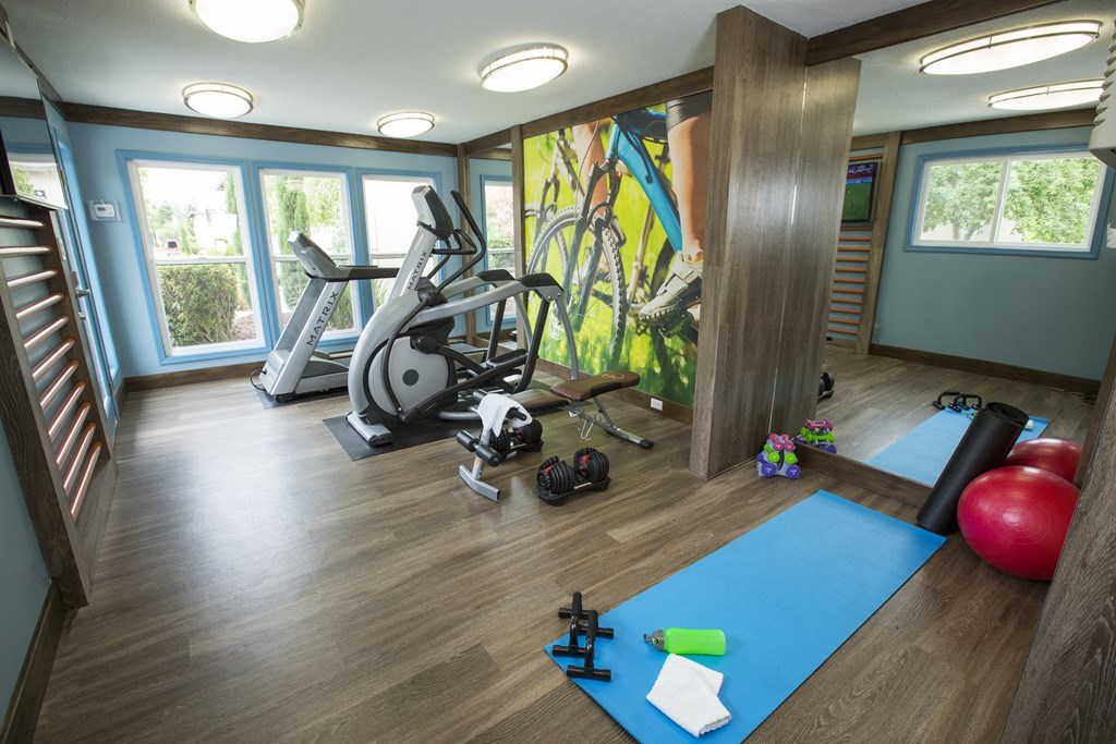 fitness center with a yoga mat and exercise ball, elliptical and treadmill fitness center with a yoga mat and exercise ball, elliptical and treadmill at Abby Creek Apartments, Carmichael, CA
