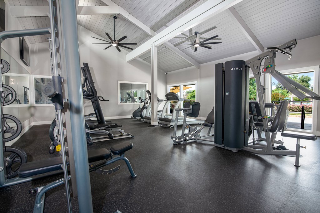 Fitness Center with weights lifting and cardio equipment at Rivercrest Apartments, Sacramento, CA 95826 