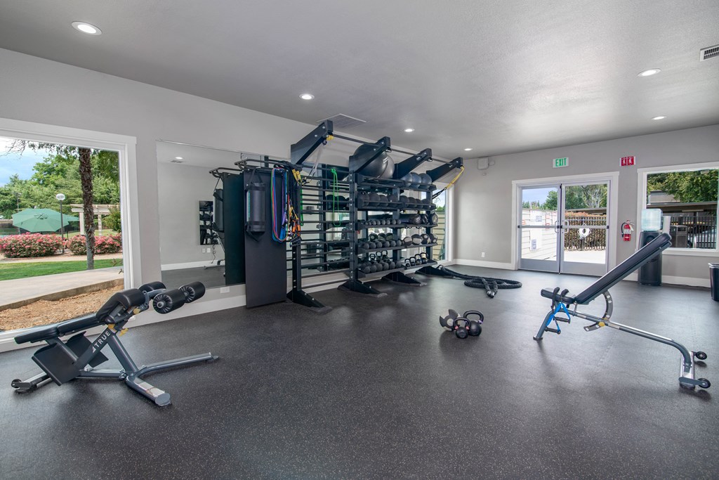 Fitness Center with large windows at Rivercrest Apartments, Sacramento, CA 