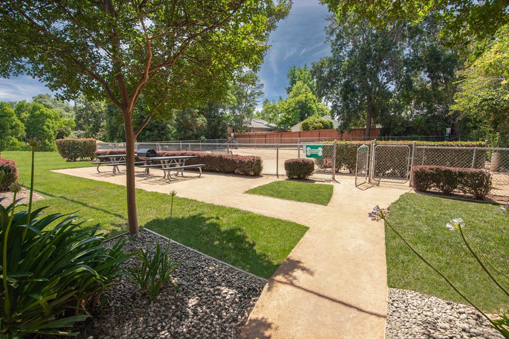 Picnic tables near the pet park at Willow Grove Apartments, Sacramento, CA 95825 