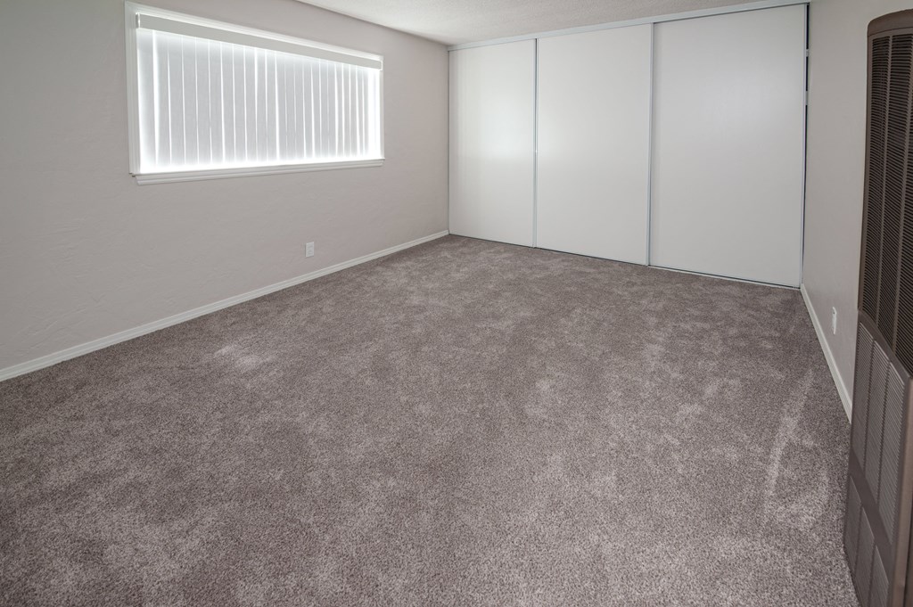 Model bedroom with carpet, a wall length closet, and window