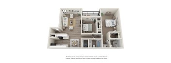 Two bedroom Two bathroom floor plan with 964 square feet.