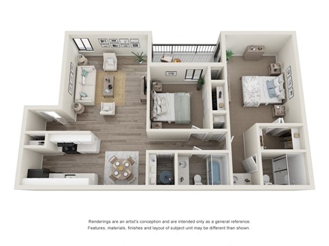 Two bedroom Two bathroom floor plan with 964 square feet. at Rivercrest Apartments, Sacramento California 