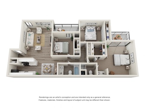 3 Bedroom 2 bathroom floor plan with 1176 square feet at Rivercrest Apartments, Sacramento 