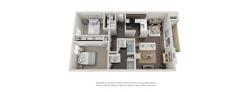 The Oak 2 bedroom 1.5 bathroom Floor Plan with 980 Square Feet