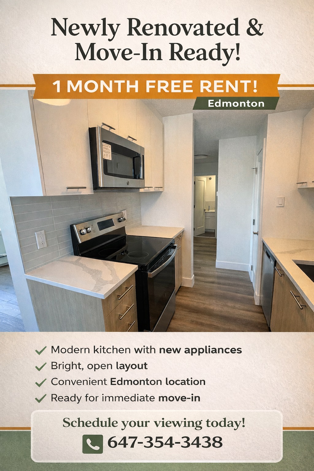 A flyer advertises a newly renovated apartment in Edmonton for rent.