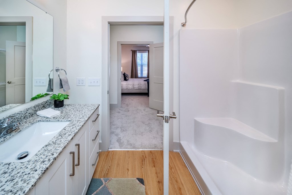 a bathroom with a tub and a sink and a mirror