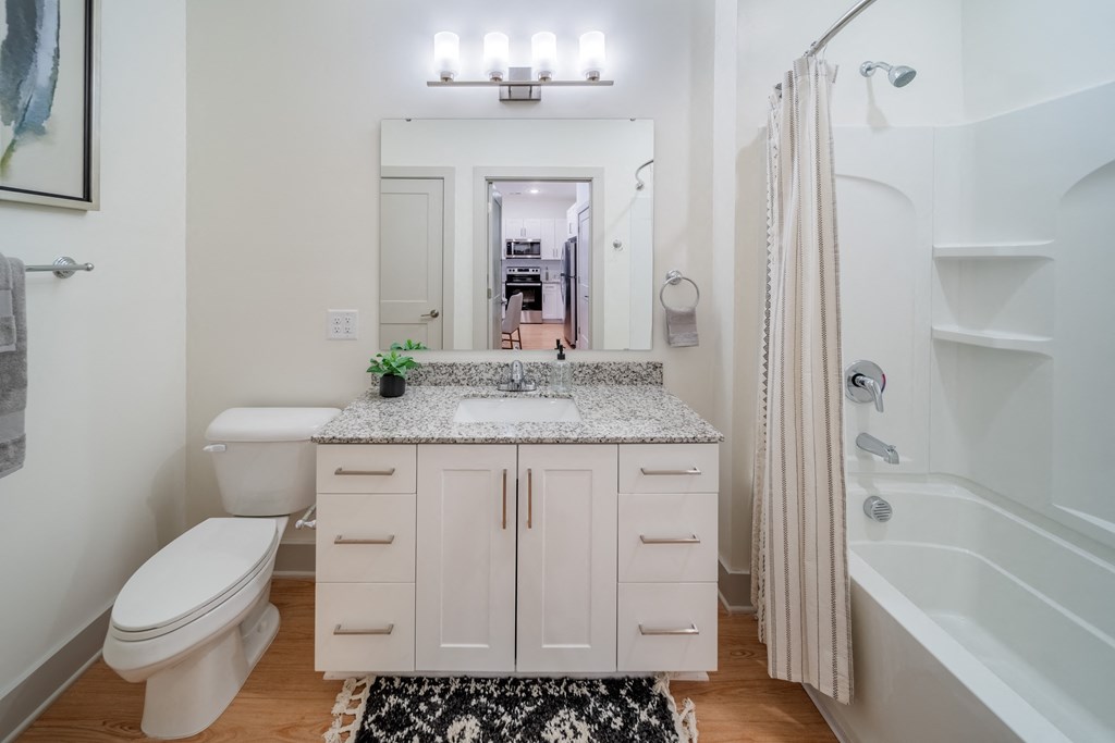 a bathroom with a sink toilet and shower and a mirror