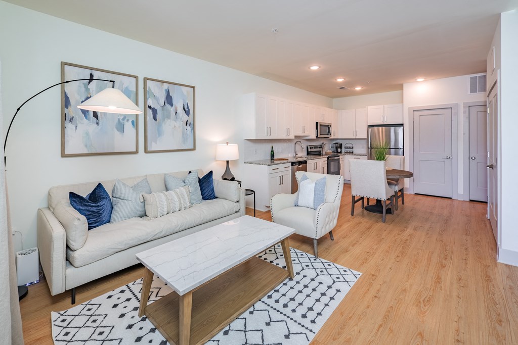 a living room with a couch and a table