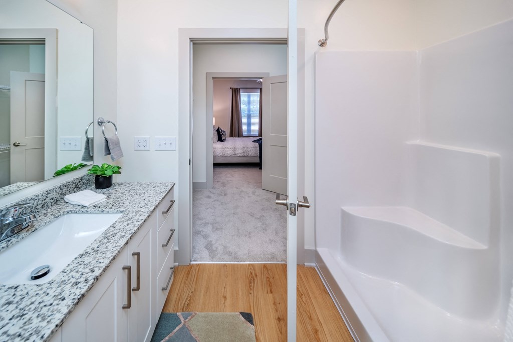 a bathroom with a tub and a sink and a mirror
