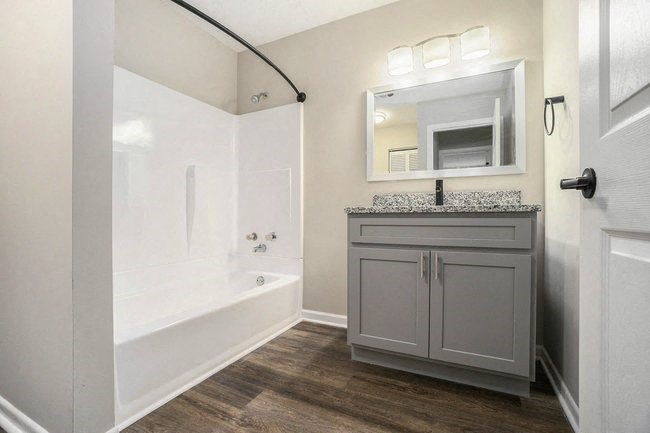 a bathroom with a tub and a sink and a mirror