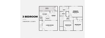 a floor plan of a house with three bedrooms and a living room