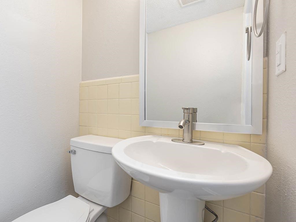 a bathroom with a sink and a toilet and a mirror