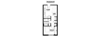 A floor plan of a one bedroom apartment with a kitchen, bathroom, and bedroom.