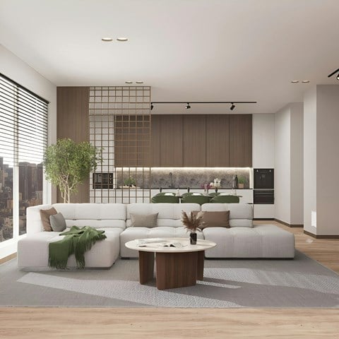A modern living room with a white sofa and a wooden coffee table.