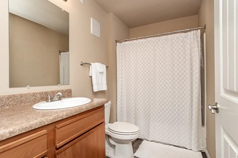 A bathroom with a toilet, sink, and shower curtain.