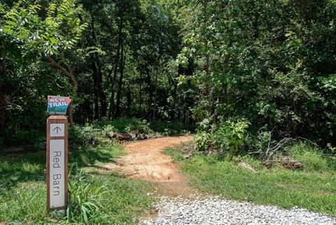 A signpost in a forest with the words "Red Barn" on it.