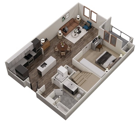 A 3D floor plan of a house with a kitchen, living room, dining room, and bedrooms.