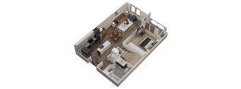 A 3D floor plan of a small apartment with a kitchen, living room, and bedroom.