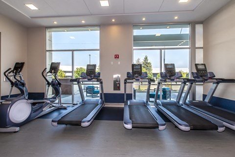 A gym with treadmills and elliptical machines.