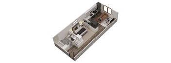 A 3D floor plan of a small apartment with a living room, kitchen, and bathroom.