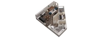 A 3D floor plan of a small apartment with a living room, kitchen, and bathroom.
